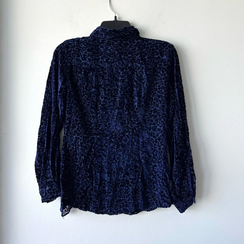 Y2K Merona Top Button Up Velvet Burnout Blue Silk Blouse Womens XS Whimsigoth - Picture 2 of 10
